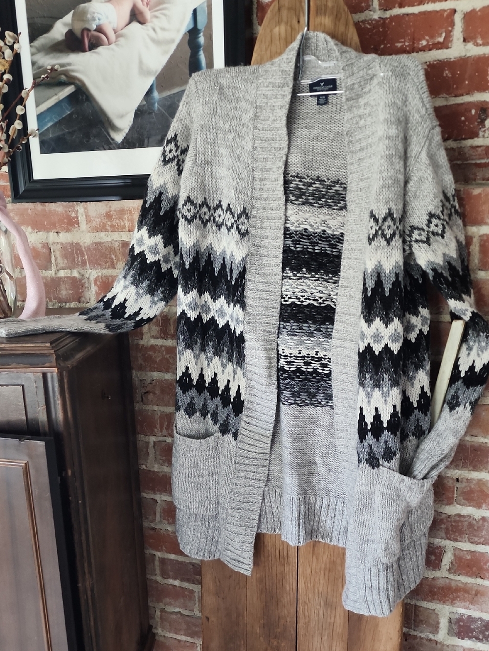 American Eagle Outfitters Grey Fair Isle Open-Front Cardigan